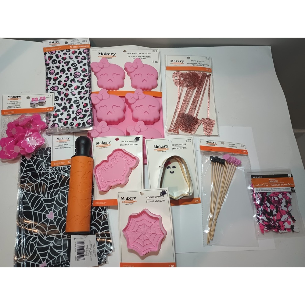Makery Pink Halloween Baking Party Lot Silicone Mold Cookie Cutter Rolling Pin